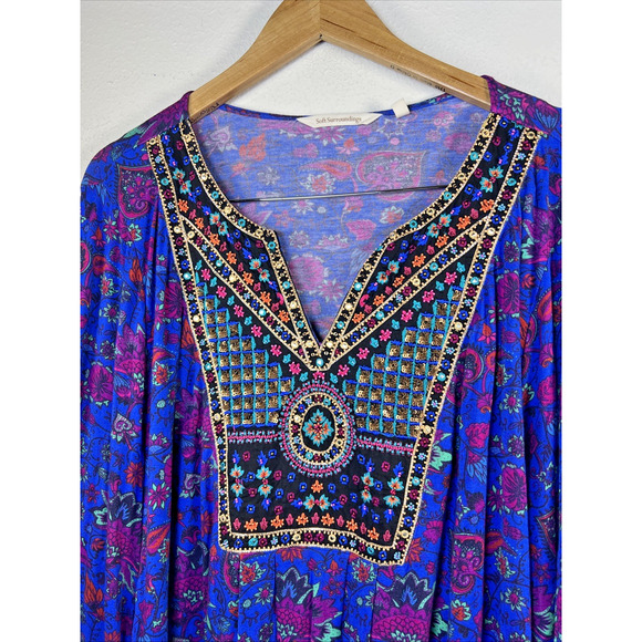Soft Surroundings Womens 2x BoHo Top Tamuri Tunic Blue Floral Beaded Blouse XXL - Picture 4 of 14